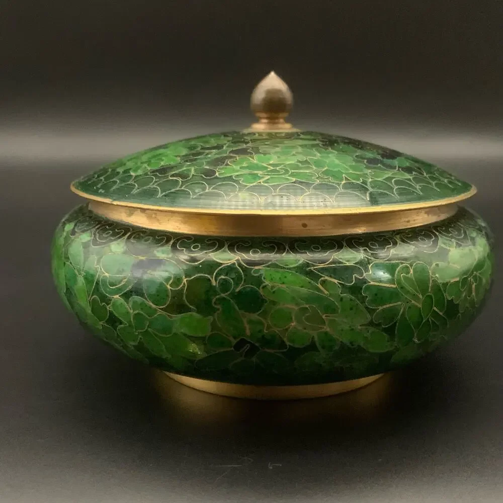 Chinese Cloisonne Bowl w/ Lid Enamel Over Brass Green Champleve Floral Leaf - Picture 9 of 16
